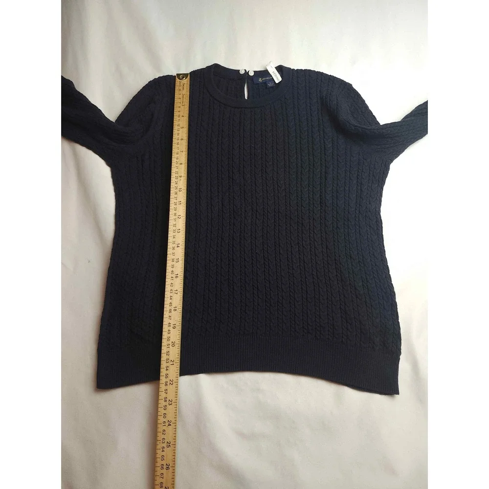 Brooks Brothers Womens Navy Blue Cable Knit Cotton Keyhole Sweater Large